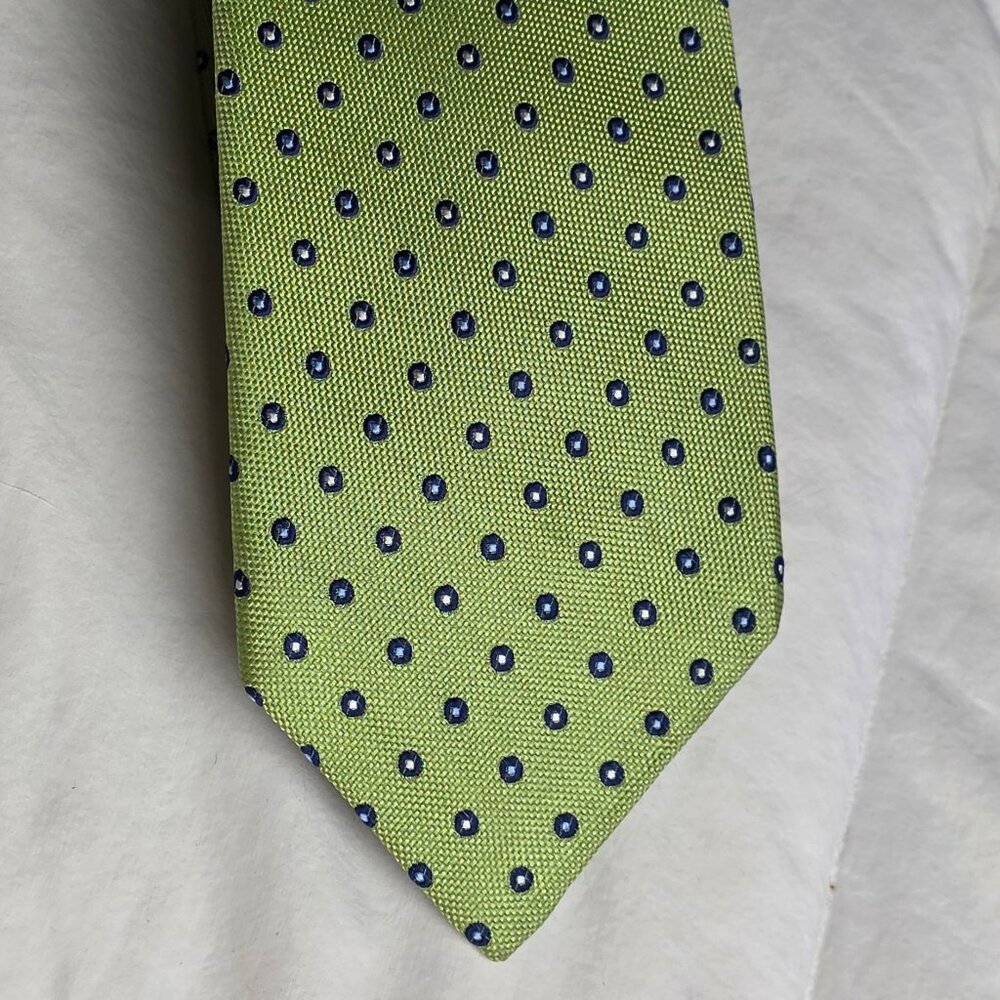 ROBERT TALBOTT Woven Silk Tie Blue & White Circles on Green 61 x 31/2"